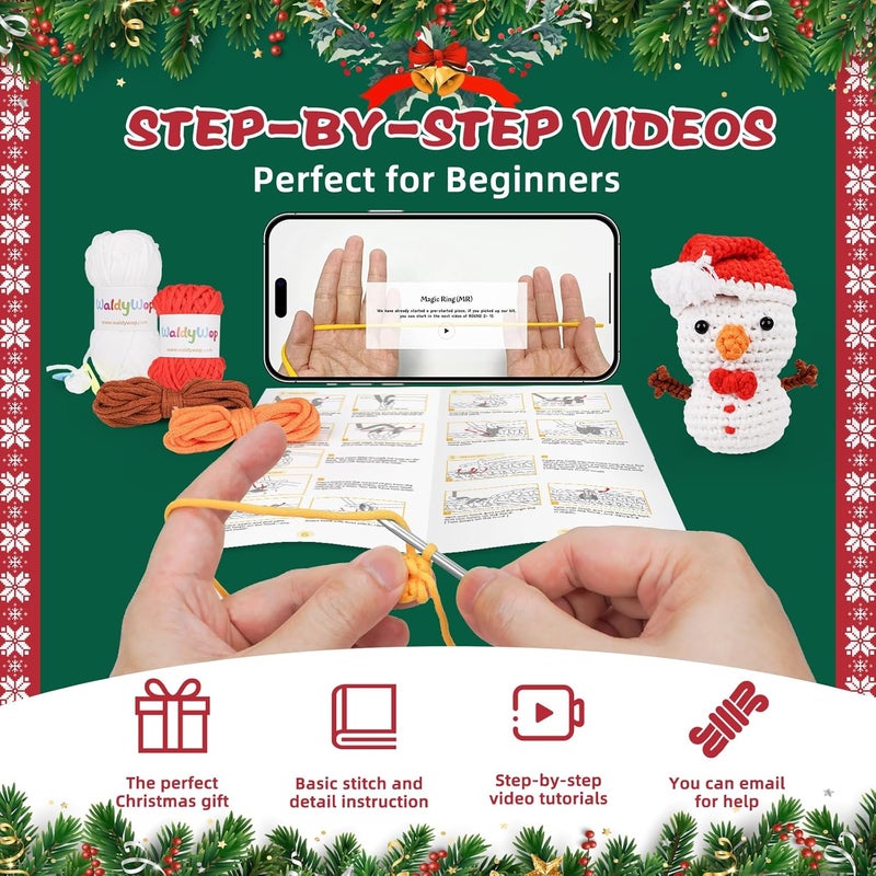WaldyWop Christmas Snowman Crochet Kit for Beginners, Crochet Starter Kit for Kids Adults, Learn to Crochet w/Step-by-Step Video Tutorials, Pre-Started Yarn, Hook, DIY Amigurumi Craft Gifts for Christmas Décor - Image 2
